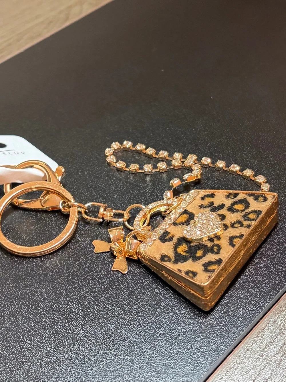 Leopard Print Purse Charm Keychain - Gold with Crystal Accents